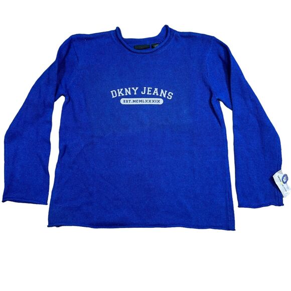 DKNY Jeans Sweaters Men's Small Blue Knit Logo Crew Ramie Insulated Pullover NWT - Picture 1 of 9